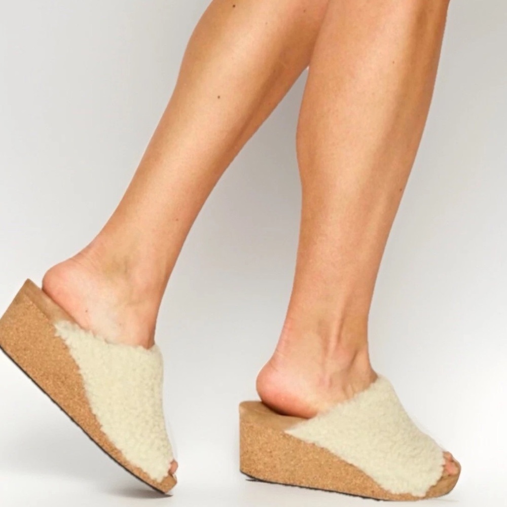 Papillio by Birkenstock Namica Teddy Wedges Shearling Mules Women’s Size 39